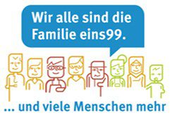 Animierte Menschen unterschiedlichen Alters mit der Schrift "Wir alle sind die Familie eins99...und viele Menschen mehr"